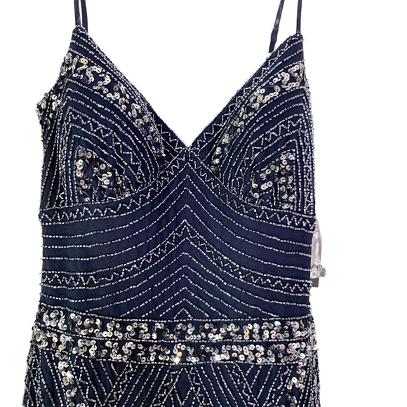 MARINA Deco Beaded Mesh A Line Gown with Godet Skirt Navy Size 2 NWT - Picture 7 of 12